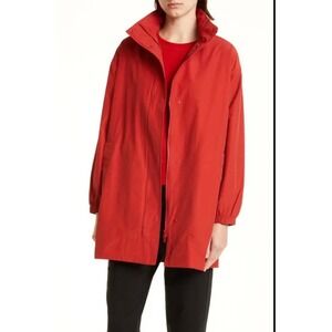 Eileen Fisher Long Stand-Collar Rain Jacket Hidden Hood Red Cinnabar Trench Coat